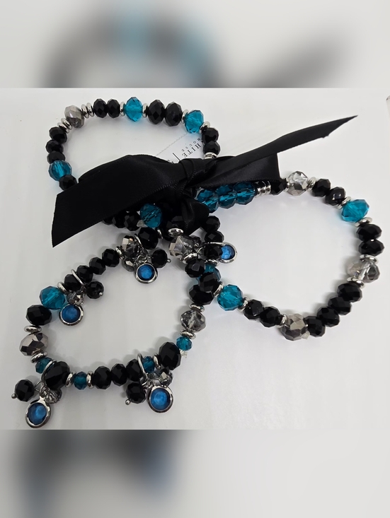 White House Black Market Jewelry - White House Black Market Blue and Black Beaded Charm Stretch Bracelet Set